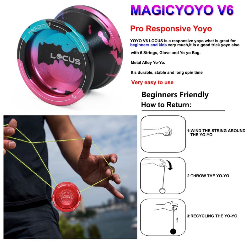 MAGICYOYO V6 Locus Yoyos Pro Responsive Yoyo for Kids to Adults | Beginner to Advanced Cool Tricks Yo-Yos | Metal Yo-yo Ball with 5 Yo Yos Strings + Glove+ Bag+ User Manual Kit | Blue&Pink&Black ï»¿ - Image 2